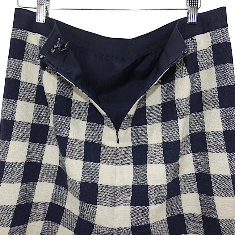 J.Crew Pencil Skirt Check Navy White Linen Blend Coastal Preppy Officecore Sz 8